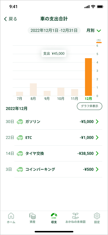 カテゴリー別の収支画面