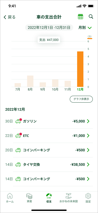 カテゴリー別の収支画面